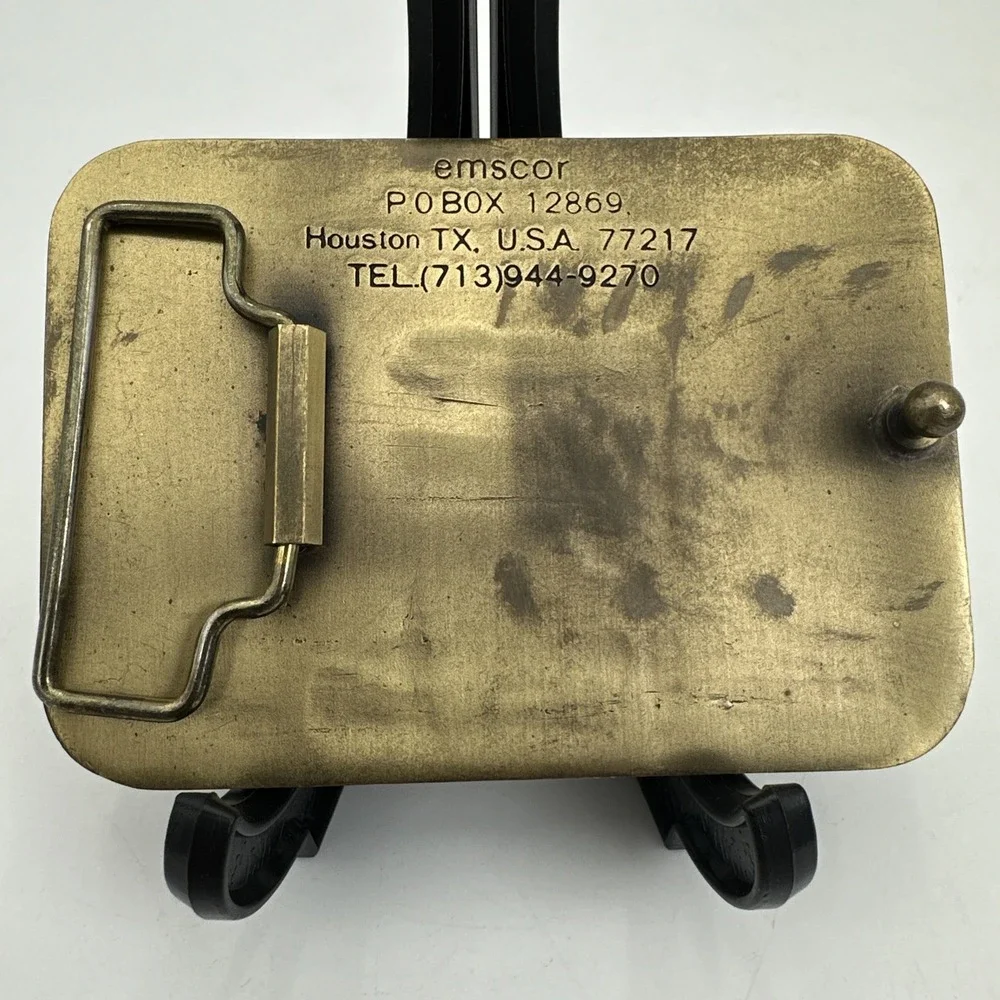 Vintage Emscor Wolff King Atlas Brass Belt Buckle Houston TX Construction Crane
